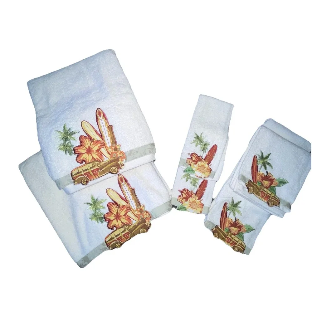 NWT White Bath Wash Hand Towels Woody Surf Wagon Palm Trees Tropical Set of 6